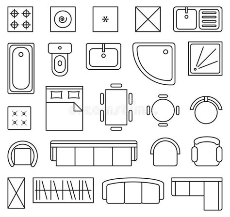 Vector Set of Outline Isolated Interior Design Floor Plan Objects Icons ...