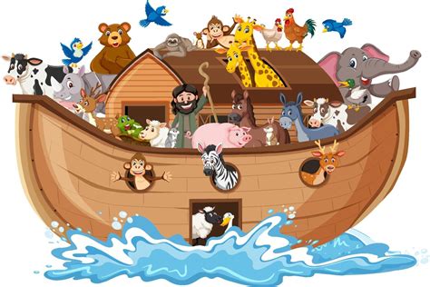 Animals on Noah's ark with sea wave isolated on white background ...