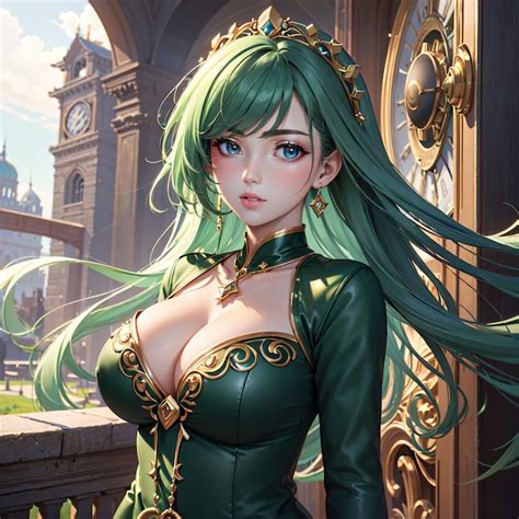 Premium AI Image | a female anime girl with green hair and a clock in ...