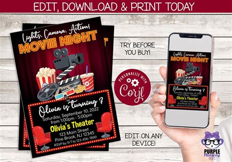 Movie Night Digital Invitation Instant Download Editable You Edit - Etsy