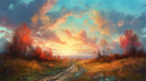 Premium AI Image | A painting of a road in the autumn