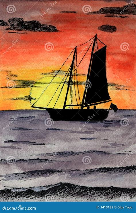 Watercolor Sailboat On Ocean Sunset Stock Illustration - Illustration ...