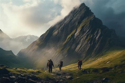 Premium AI Image | Photograph of people hiking in imposing mountains