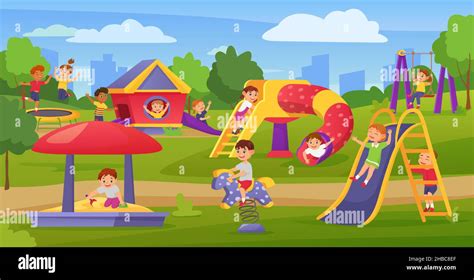 Cartoon kids playing on playground in summer park or kindergarten ...