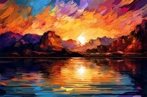 Premium AI Image | A painting of a sunset over a lake