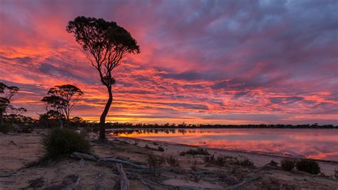 Sunset Sky Red Clouds Lake Magic In Hyden Australia Near The Wave Rock ...