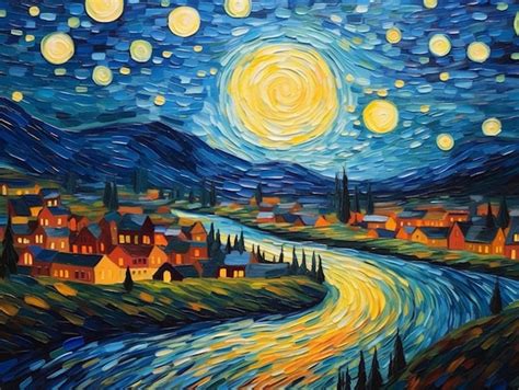 Premium AI Image | A painting of a starry night sky with the moon above it.