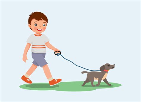 Cute Little Boy Walking The Dog In The Park 9295210 Vector Art At Vecteezy