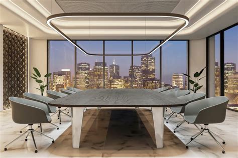 Luxurious Meeting Room With Modern Furniture Against A City Skyline At