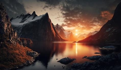 Premium AI Image | Sunset at a fjord in norway