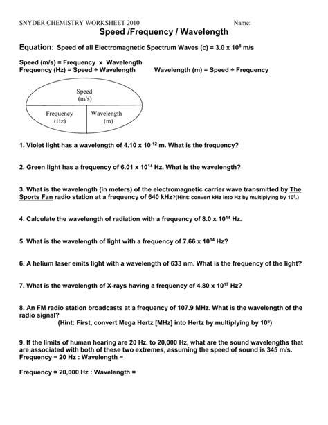 Light Worksheet Wavelength Frequency And Energy