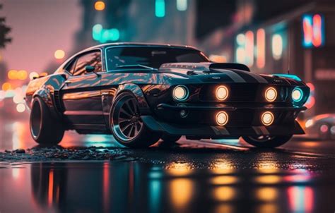 Download wallpaper lights, road, muscle car, bokeh, ai art, section ai ...