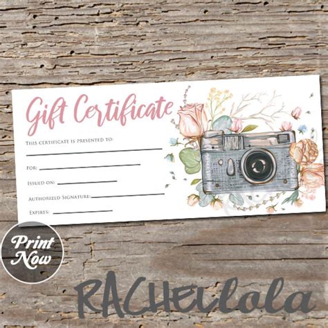 Printable Photography Gift Certificate Template, Photo Session Voucher ...