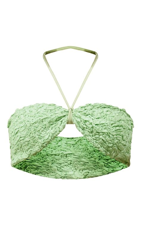 Sage Green Textured Padded Halterneck Bikini Top Prettylittlething