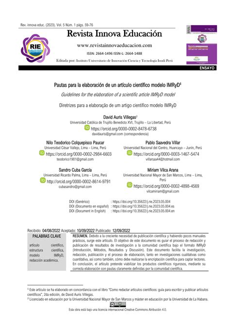 Pdf Pautas Para La Elaboración De Un Artículo Científico Modelo Imryd