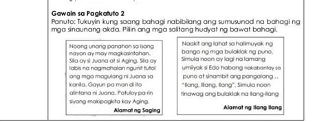 Panuto Tukuyin Kung Saang Bahagi Nabibilang Ang Mga Sumusunod Na