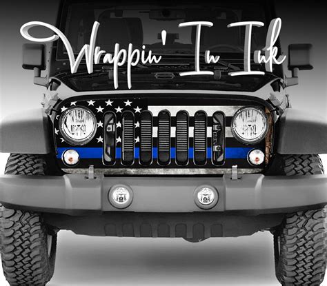 Thin Blue Line Subdued American Flag 2007 2018 Jeep Wrangler Grill Wrap