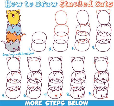 Easy Drawings How To Draw Cute Kawaii Cats Stacked On Top Of Each