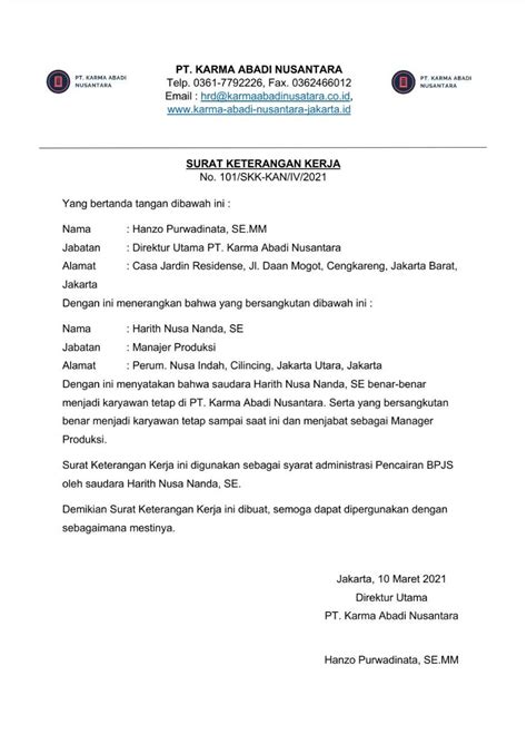 Contoh Surat Keterangan Kerja Untuk Pencairan BPJS Loker Bali Info Blog