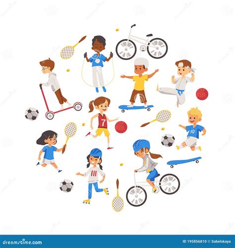 Children Playing Various Sports Set Of Vector Isolated Icons Stock