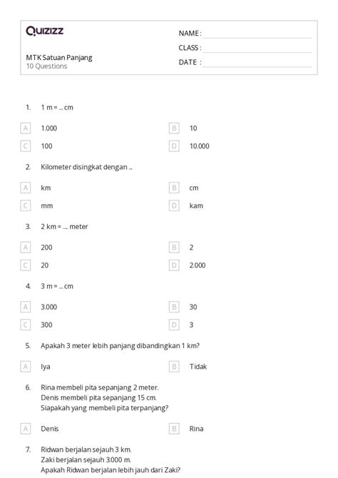 50 Lembar Kerja Satuan Panjang Dan Metrik Untuk Kelas 4 Di Quizizz