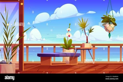 Beach House Balcony With Mediterranean Seascape View Vector Cartoon