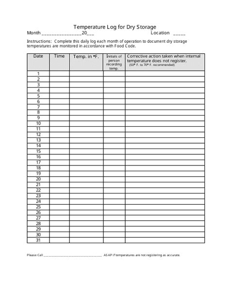 Free Temperature Log Sheet Templates Customize Download And Print Pdf