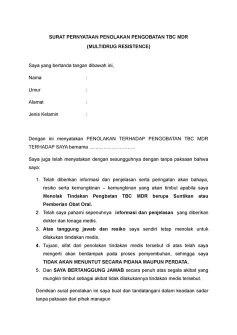 Surat Pernyataan Penolakan Pengobatan Tbc Mdr Surat Pernyataan