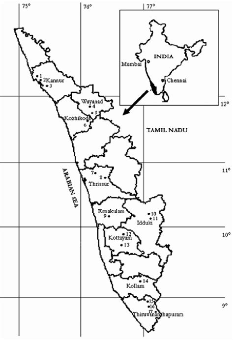 Map Of Kerala State With Relevant Districts And Place Of Collection Of