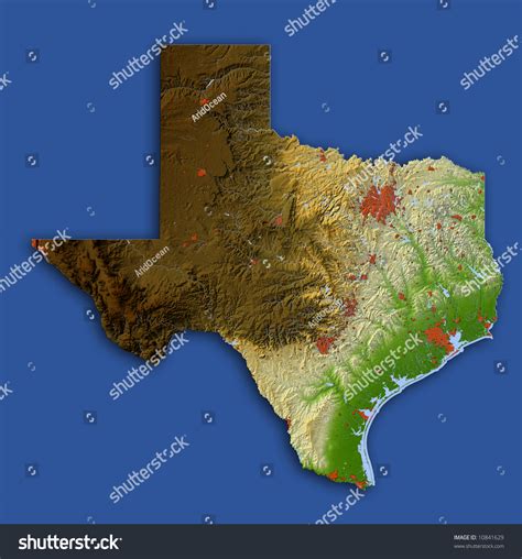 Texas Shaded Relief Map Shows Surrounding Ocean Major Urban Areas