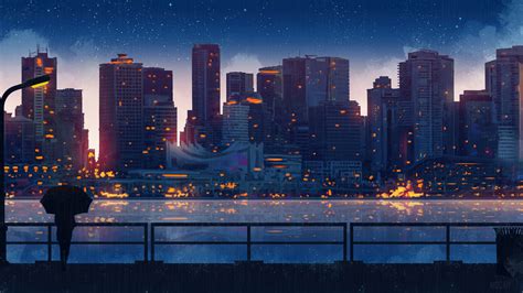 Digital Art Night City Scenery Landscape Buildings Silhouette Hd