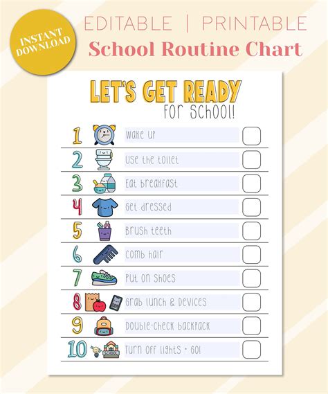 School Routine Chart Printable Checklist For Kids Morning Routine