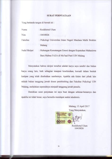 Contoh Surat Pernyataan Kebenaran Data Snmptn Uin Malang 2019 Surat