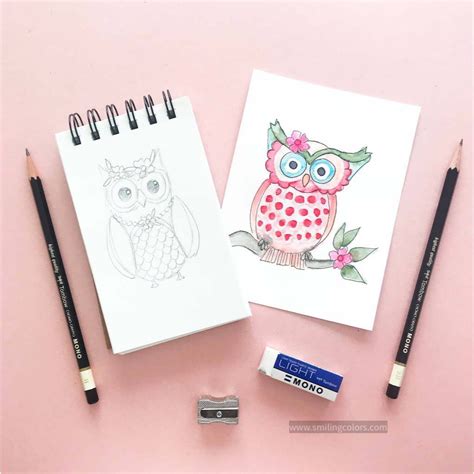 Easy Owl Drawing In 4 Steps Video Tutorial Smiling Colors