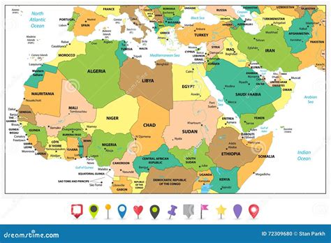 Detailed Political Map Of Northern Africa And The Middle East An Stock