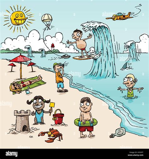 A Vector Cartoon Beach Scene With People In Different Activities Stock