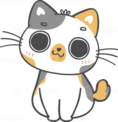 Cute Playful Calico Japanese Bobtail Kitten Cat Cartoon Doodle Hand