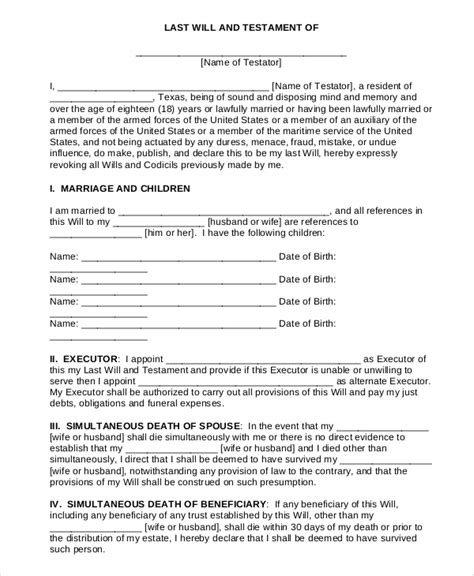 Printable Blank Last Will And Testament Forms Printable Forms Free Online