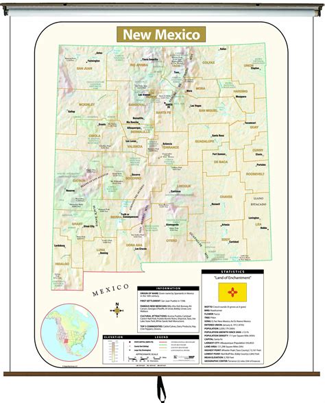 New Mexico Large Scale Shaded Relief Wall Map On Roller With Backboard