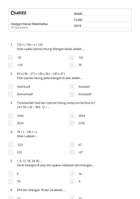 Lembar Kerja Operasi Campuran Untuk Tk Di Quizizz Gratis Dapat