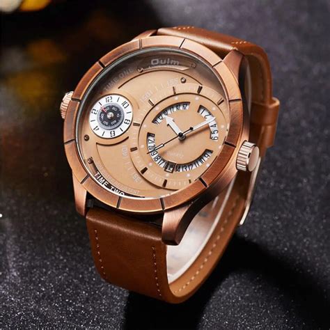 Oulm Unique Design Japan Quartz Movement Watch Male Two Time Zone Big