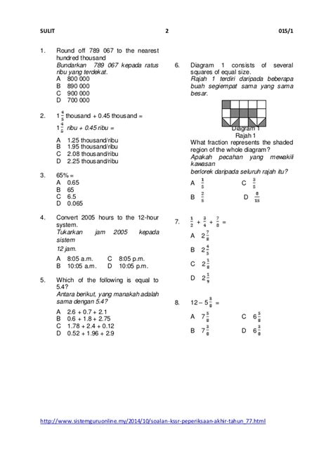 Contoh Kertas Soalan Matematik Tahun 1 Sjkt Methodpowerup