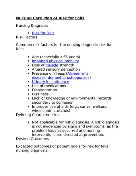 Nursing Care Plan Of Risk For Falls Nursing Care Plan Of Risk For