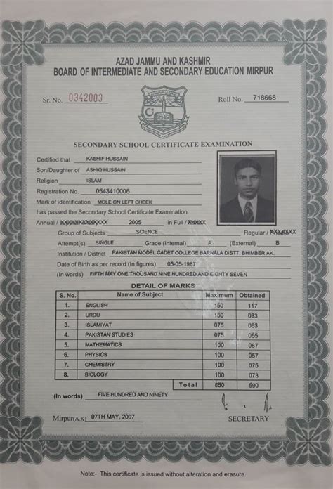 Matriculation Secondary School Certificate