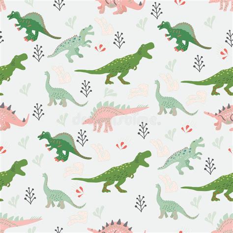 Pink And Green Dinosaurs Hand Drawn Seamless Pattern Stock Illustration