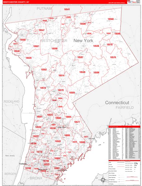 Westchester County, NY Zip Code Wall Map Red Line Style by MarketMAPS