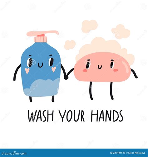 Wash Your Hands Slogan Cute Kawaii Soap Stock Vector Illustration Of