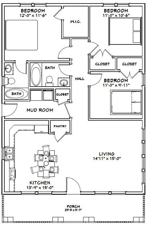 30x40 House 3 Bedroom 2 Bath 1200 Sq Ft Pdf Floor Plan Instant