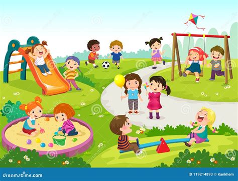 Happy Children Playing In Playground Stock Vector Illustration Of