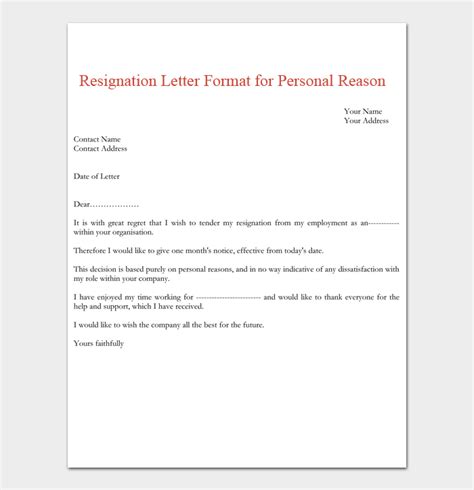 Personal Reason Resignation Letter Format For Employee 271045